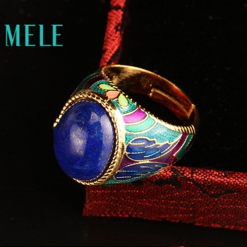 Natural Lapis lazuli 925 silver,Gold-plated rings,Oval cut 13mmX18mm, ancient times style, good quality Fire crack big ring