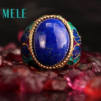 Natural Lapis lazuli 925 silver,Gold-plated rings,Oval cut 13mmX18mm, ancient times style, good quality Fire crack big ring