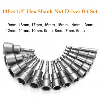 Grey Adapter Drill Bit 14pcs 6-19MM ilver 1/4 Socket Magnetic Nut Driver Set for Power Drills Steel SHex Shank Magnet Holds