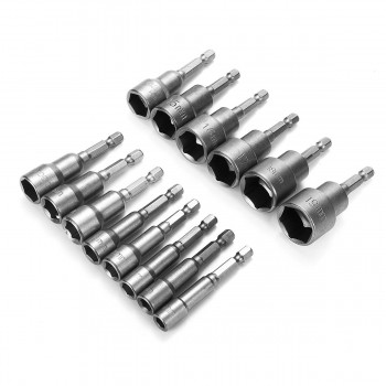 Grey Adapter Drill Bit 14pcs 6-19MM ilver 1/4 Socket Magnetic Nut Driver Set for Power Drills Steel SHex Shank Magnet Holds