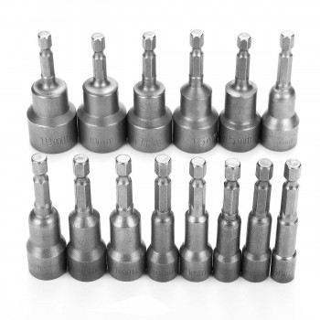 Grey Adapter Drill Bit 14pcs 6-19MM ilver 1/4 Socket Magnetic Nut Driver Set for Power Drills Steel SHex Shank Magnet Holds
