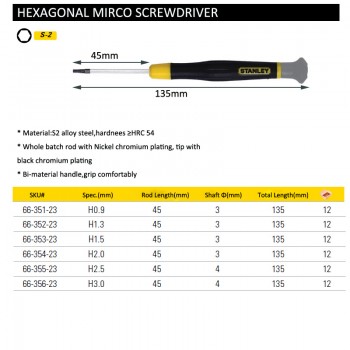 Stanley 1-piece precision mini hexagonal screwdriver 0.9mm 1.3mm 1.5mm 2.0mm 2.5mm 3.0mm micro hexagon key allen drive S2 steel