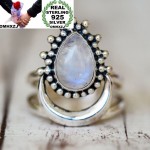 OMHXZJ Wholesale European Fashion Woman Man Party Wedding Gift Silver Black White Water Drop Moonstone Taiyin Ring RR318