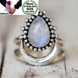 OMHXZJ Wholesale European Fashion Woman Man Party Wedding Gift Silver Black White Water Drop Moonstone Taiyin Ring RR318