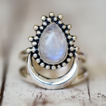 OMHXZJ Wholesale European Fashion Woman Man Party Wedding Gift Silver Black White Water Drop Moonstone Taiyin Ring RR318