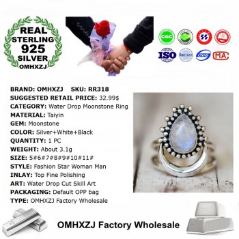 OMHXZJ Wholesale European Fashion Woman Man Party Wedding Gift Silver Black White Water Drop Moonstone Taiyin Ring RR318