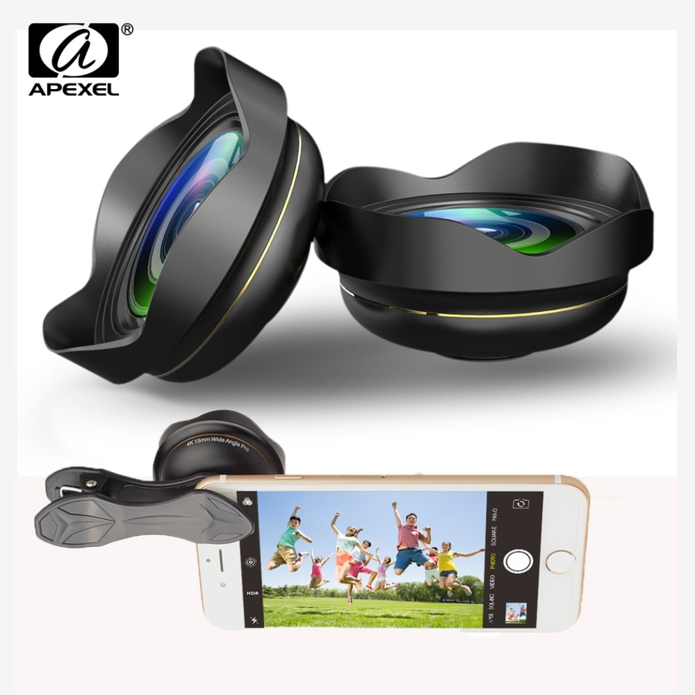 APEXEL 15mm 0.5X 4k Wide angle Lens with lens hood universal Professional HD Optic Lens for iPhone Xiaomi redmi Samsung