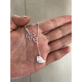 Cute Real. 925 Sterling-Silver-Jewelry Matte Bird flying to the branch leaves Pendant lARIAT Necklace Animal GTLX584