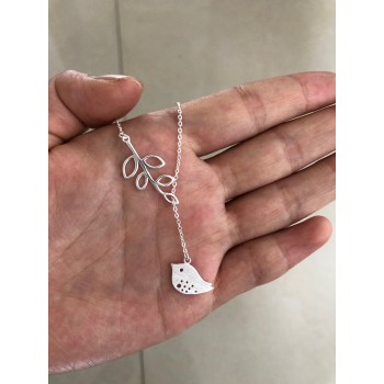 Cute Real. 925 Sterling-Silver-Jewelry Matte Bird flying to the branch leaves Pendant lARIAT Necklace Animal GTLX584