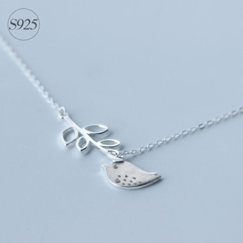 Cute Real. 925 Sterling-Silver-Jewelry Matte Bird flying to the branch leaves Pendant lARIAT Necklace Animal GTLX584