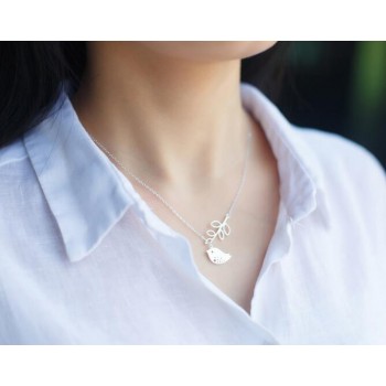 Cute Real. 925 Sterling-Silver-Jewelry Matte Bird flying to the branch leaves Pendant lARIAT Necklace Animal GTLX584