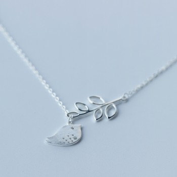 Cute Real. 925 Sterling-Silver-Jewelry Matte Bird flying to the branch leaves Pendant lARIAT Necklace Animal GTLX584