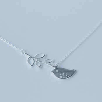 Cute Real. 925 Sterling-Silver-Jewelry Matte Bird flying to the branch leaves Pendant lARIAT Necklace Animal GTLX584