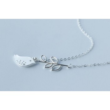 Cute Real. 925 Sterling-Silver-Jewelry Matte Bird flying to the branch leaves Pendant lARIAT Necklace Animal GTLX584