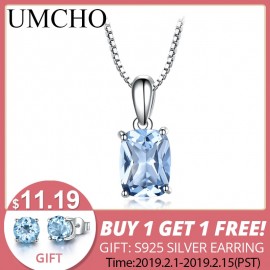 UMCHO Solid 925 Sterling Silver Pendant Necklace Gemstone Sky Blue Topaz Necklace Romantic Wedding Gifts For Women Fine Jewelry