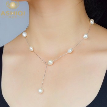 ASHIQI Genuine 925 Sterling Silver Pendant Necklace For Women 8.5-9.5mm White Gray Natural Freshwater Baroque Pearl Jewelry
