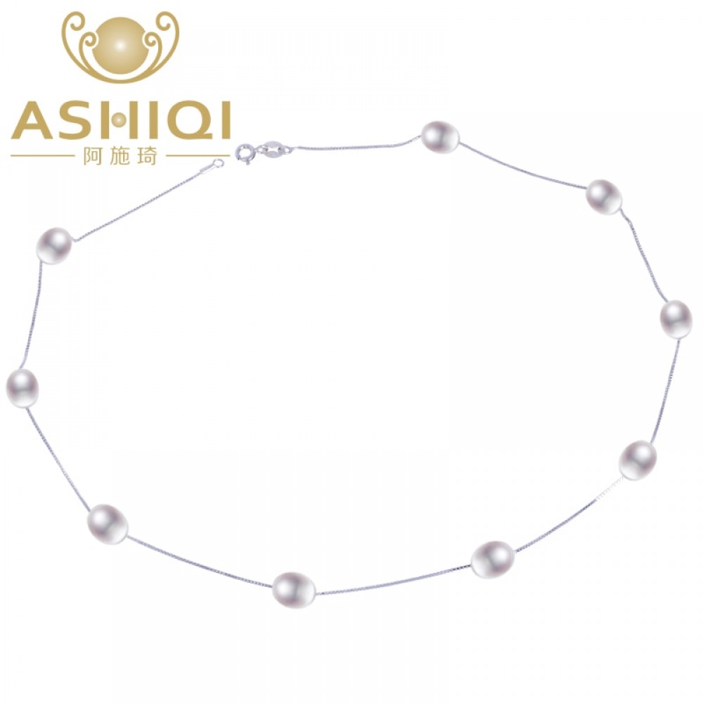 ASHIQI Real 925 sterling silver necklace 7-8mm Real Natural Freshwater pearl necklace White pearl Jewelry for Women Gifts