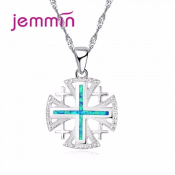 Jemmin  Top Quality Authentic 925 Sterling Silver Necklace Pendant Lake Blue Color Paved Fire Opal Stone for Women Ladies Gift