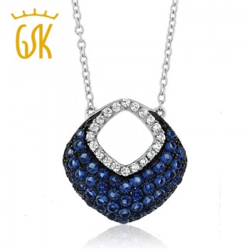 925 Silver Pendant w/ Blue White Created Sapphire amp; Blue CZ on 18 Silver Chain