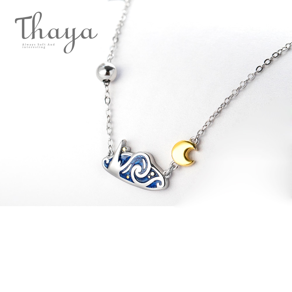 Thaya s925 Silver Emerald Van Goghs Necklace Glitter Sky Gold Moon Star Pendant Necklace Bohemian Vintage Jewelry for Women