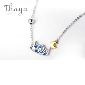 Thaya s925 Silver Emerald Van Goghs Necklace Glitter Sky Gold Moon Star Pendant Necklace Bohemian Vintage Jewelry for Women