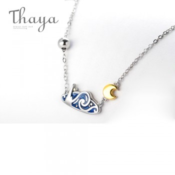 Thaya s925 Silver Emerald Van Goghs Necklace Glitter Sky Gold Moon Star Pendant Necklace Bohemian Vintage Jewelry for Women