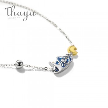 Thaya s925 Silver Emerald Van Goghs Necklace Glitter Sky Gold Moon Star Pendant Necklace Bohemian Vintage Jewelry for Women