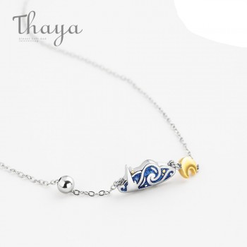 Thaya s925 Silver Emerald Van Goghs Necklace Glitter Sky Gold Moon Star Pendant Necklace Bohemian Vintage Jewelry for Women