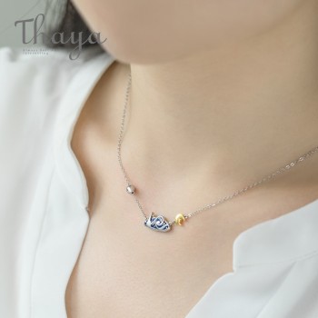 Thaya s925 Silver Emerald Van Goghs Necklace Glitter Sky Gold Moon Star Pendant Necklace Bohemian Vintage Jewelry for Women