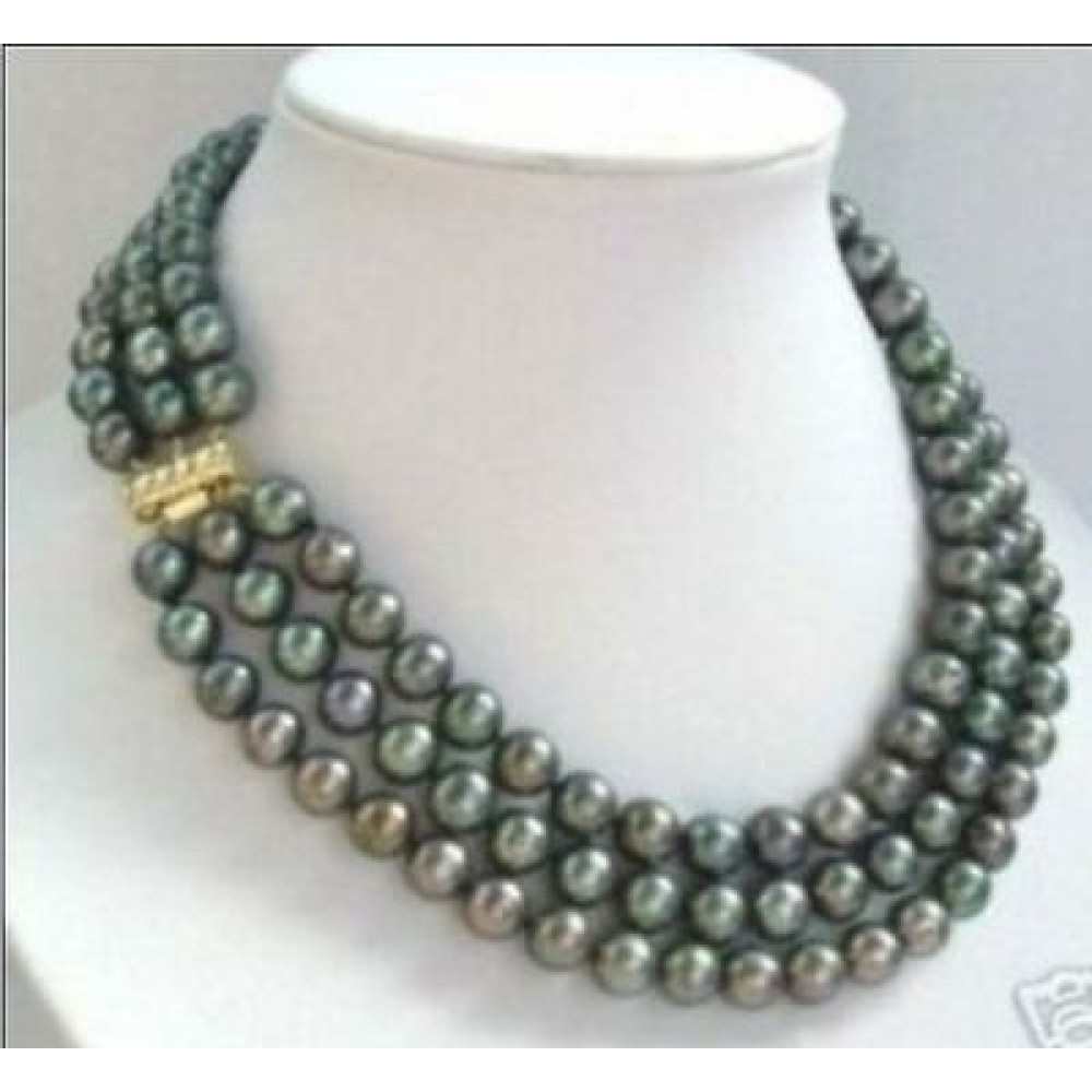 3 row 7-8mm natural tahitian black green pearl necklace