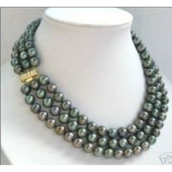 3 row 7-8mm natural tahitian black green pearl necklace