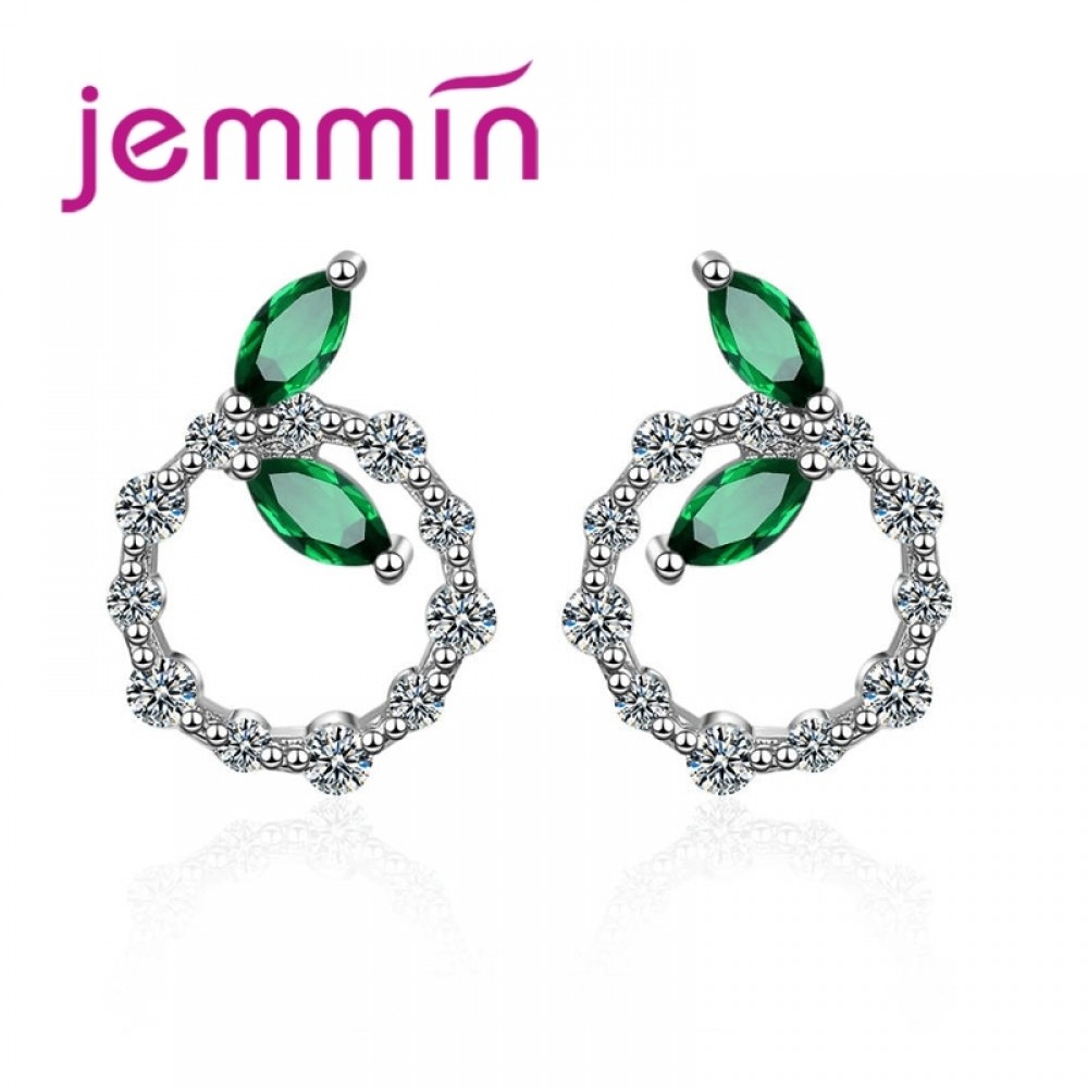 JEMMIN Korea New Sale 100% 925 Sterling Silver Cubic Zircon Colorful Rhinestone Leaves Round Earrings Female Sweet Jewelry Gifts