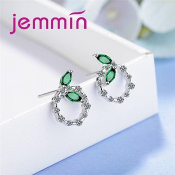 JEMMIN Korea New Sale 100% 925 Sterling Silver Cubic Zircon Colorful Rhinestone Leaves Round Earrings Female Sweet Jewelry Gifts