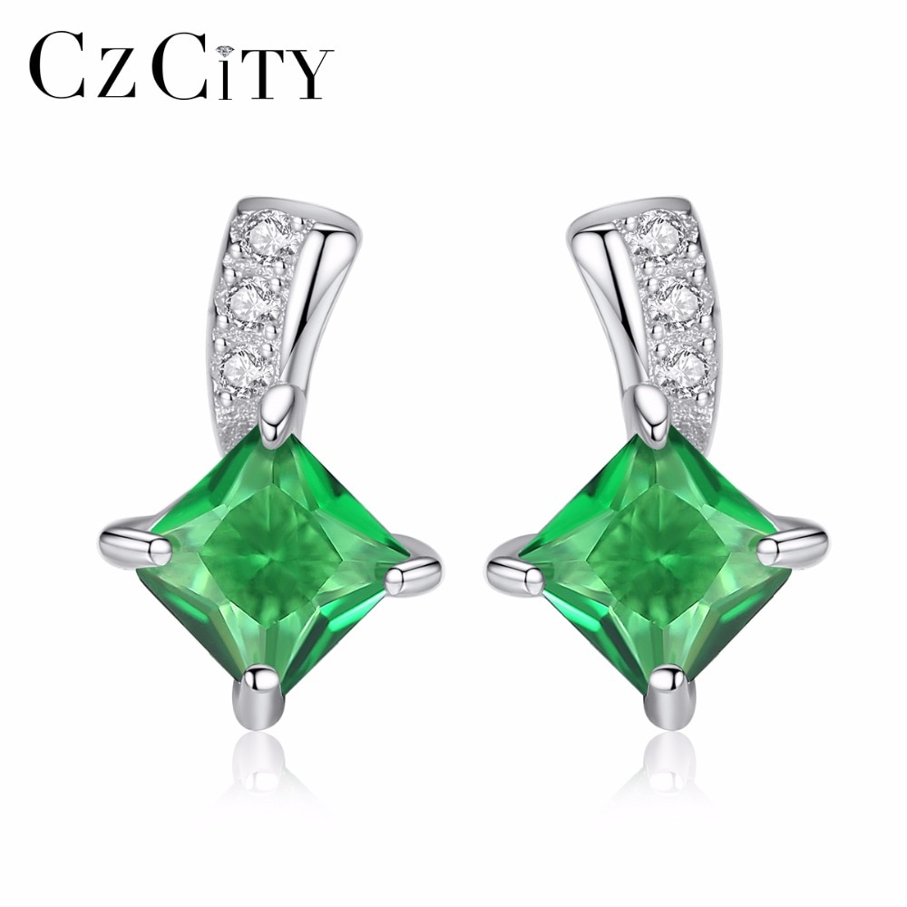 CZCITY Brand Cute Green Square Cubic Zirconia Crystal Silver Earrings Lady Small Stud Emerald Earrings for Women Fine Jewelry