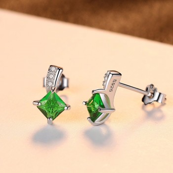 CZCITY Brand Cute Green Square Cubic Zirconia Crystal Silver Earrings Lady Small Stud Emerald Earrings for Women Fine Jewelry