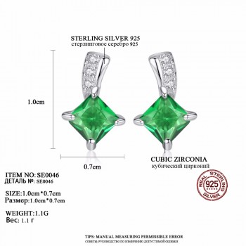 CZCITY Brand Cute Green Square Cubic Zirconia Crystal Silver Earrings Lady Small Stud Emerald Earrings for Women Fine Jewelry