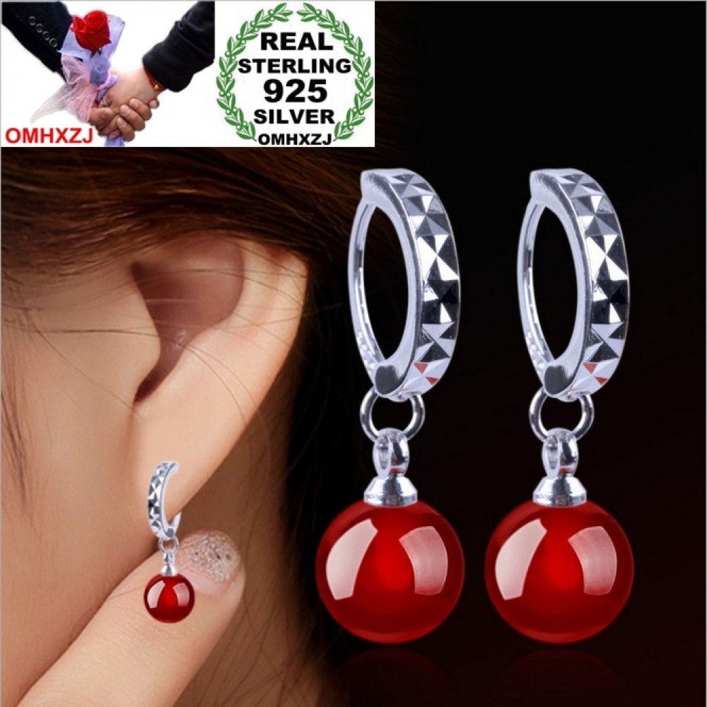 OMHXZJ Wholesale kpop Fashion star jewelry bride woman girl carnelian Red black agate round 925 sterling silver Earrings YS121