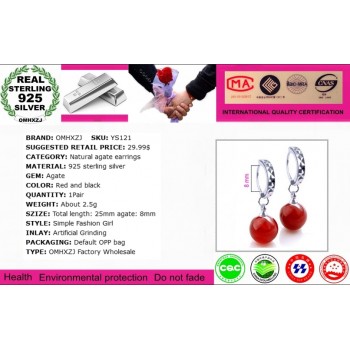 OMHXZJ Wholesale kpop Fashion star jewelry bride woman girl carnelian Red black agate round 925 sterling silver Earrings YS121