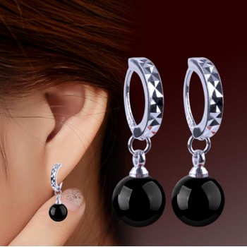 OMHXZJ Wholesale kpop Fashion star jewelry bride woman girl carnelian Red black agate round 925 sterling silver Earrings YS121