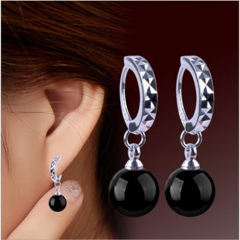 OMHXZJ Wholesale kpop Fashion star jewelry bride woman girl carnelian Red black agate round 925 sterling silver Earrings YS121