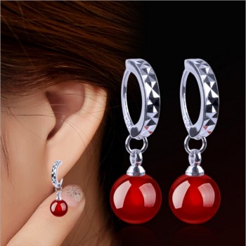 OMHXZJ Wholesale kpop Fashion star jewelry bride woman girl carnelian Red black agate round 925 sterling silver Earrings YS121