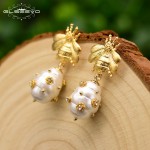 GLSEEVO Original Natural Freshwater Baroque Pearl Drop Earrings For Women Gift Bee Dangle Earrings Luxury Fine Jewlery GE0665