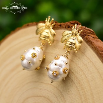 GLSEEVO Original Natural Freshwater Baroque Pearl Drop Earrings For Women Gift Bee Dangle Earrings Luxury Fine Jewlery GE0665