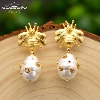 GLSEEVO Original Natural Freshwater Baroque Pearl Drop Earrings For Women Gift Bee Dangle Earrings Luxury Fine Jewlery GE0665