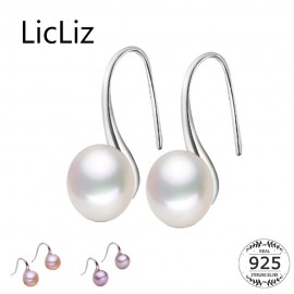 LicLiz Pure 925 Sterling Silver Earrings Drop Women Round Natural Freshwater Pearl Hook Dangle Earring Ear Drops Brincos LAE0009