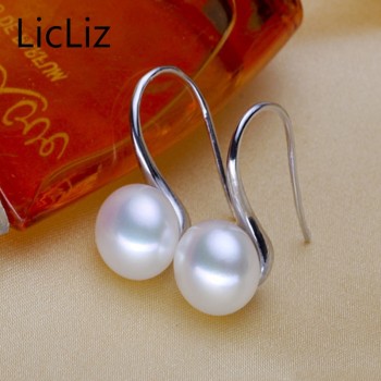 LicLiz Pure 925 Sterling Silver Earrings Drop Women Round Natural Freshwater Pearl Hook Dangle Earring Ear Drops Brincos LAE0009