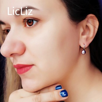 LicLiz Pure 925 Sterling Silver Earrings Drop Women Round Natural Freshwater Pearl Hook Dangle Earring Ear Drops Brincos LAE0009