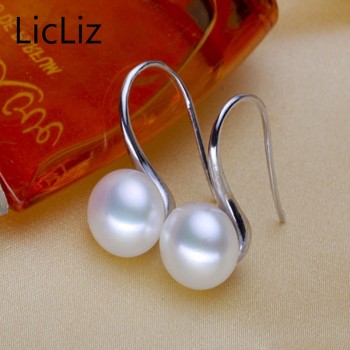 LicLiz Pure 925 Sterling Silver Earrings Drop Women Round Natural Freshwater Pearl Hook Dangle Earring Ear Drops Brincos LAE0009