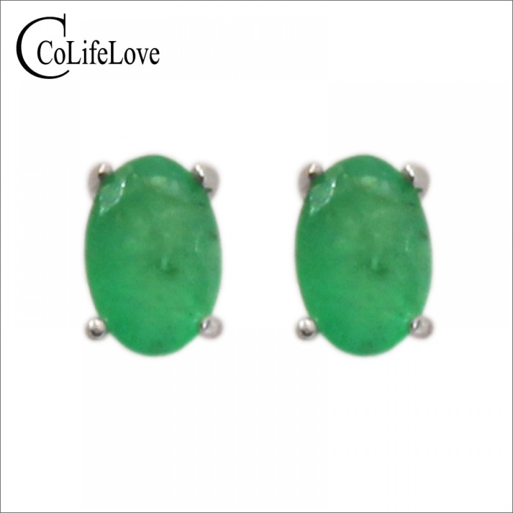 Simple design emerald stud earrings 4 mm * 6 mm natural I grade emerald earrings classic 925 silver emerald earrings for woman