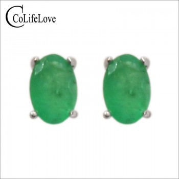 Simple design emerald stud earrings 4 mm * 6 mm natural I grade emerald earrings classic 925 silver emerald earrings for woman